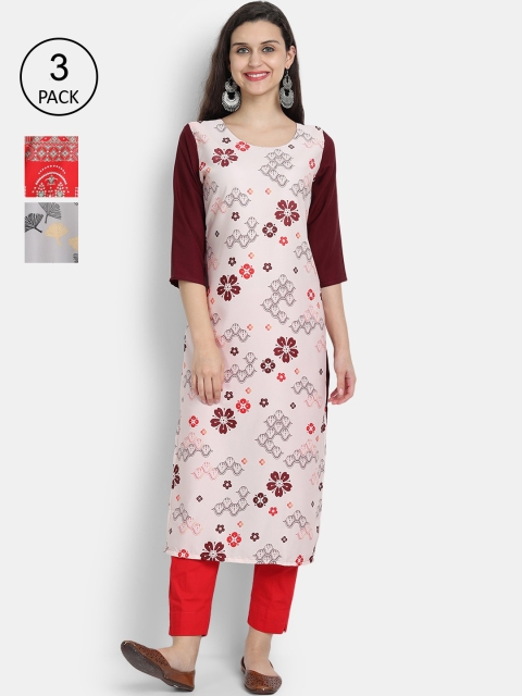 

7Threads Women Pack Of 3 Digital Print Straight Crepe Kurta, Multi