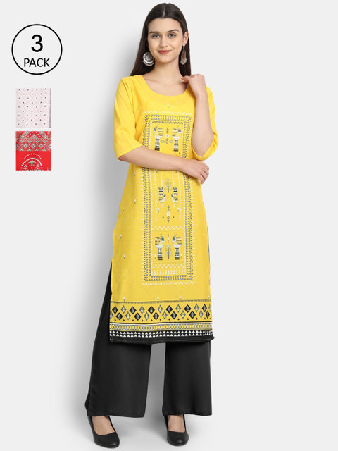 

7Threads Women Pack Of 3 Digital Print Straight Crepe Kurta, Multi