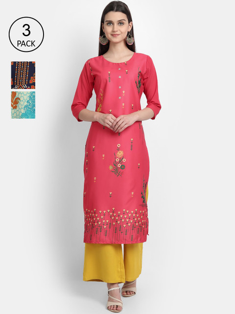 

7Threads Women Pack Of 3 Digital Print Straight Crepe Kurta, Multi
