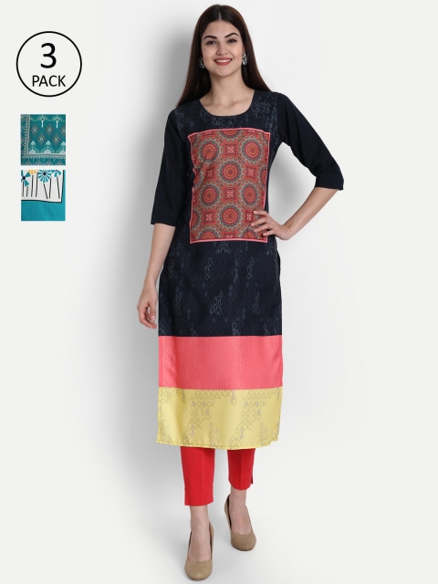 

7Threads Women Pack Of 3 Kurtas, Black