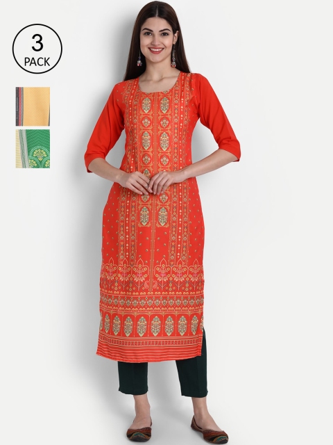 

7Threads Women Pack Of 3 Multicoloured Ethnic Motifs Printed Crepe Kurta, Multi