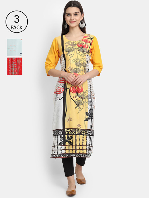 

7Threads Women Multicoloured Ethnic Motifs Printed Crepe Kurta Set Of 3, Multi