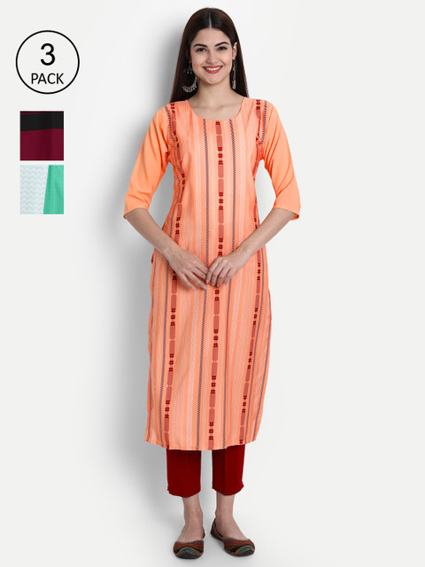 

7Threads Women Pack Of 3 Kurtas, Peach