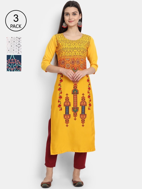 

7Threads Women Pack Of 3 Digital Print Straight Crepe Kurta, Multi