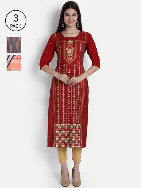 

7Threads Women Pack Of 3 Multicoloured Ethnic Motifs Printed Crepe Kurta, Multi