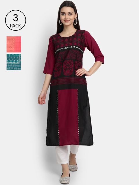 

7Threads Women Pack Of 3 Digital Print Straight Crepe Kurta, Multi
