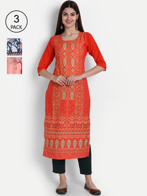 

7Threads Women Pack Of 3 Multicoloured Floral Printed Crepe Kurta, Multi