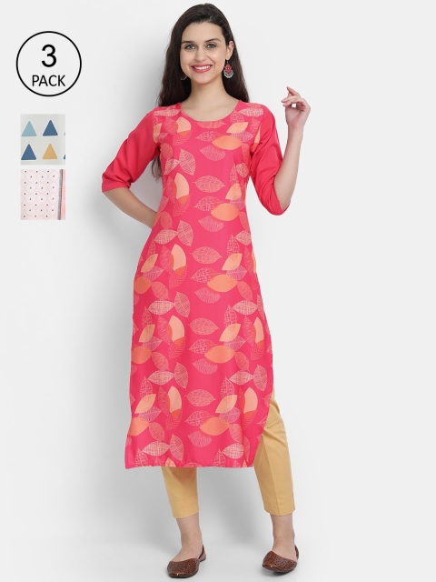 

7Threads Women Pack Of 3 Digital Print Straight Crepe Kurta, Multi