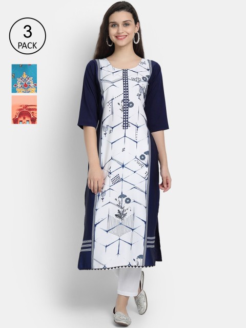 

7Threads Women Pack Of 3 Kurtas, Blue