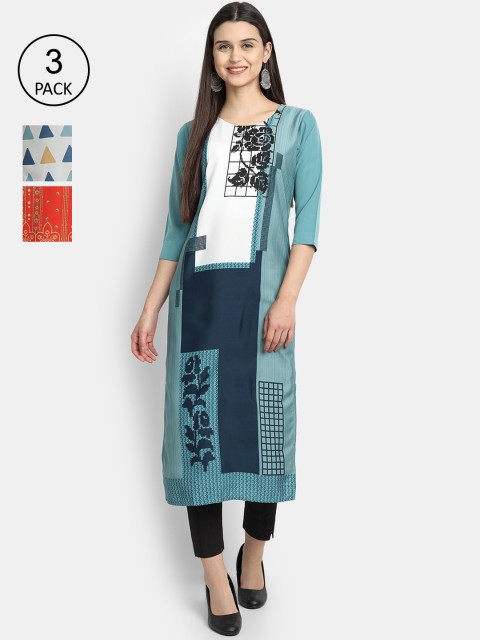 

7Threads Women Pack Of 3 Digital Print Straight Crepe Kurta, Multi