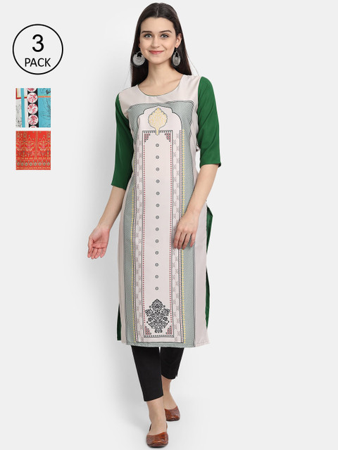 

7Threads Women Green, Red & Blue Ethnic Motifs Printed Set of 3 Crepe Kurta