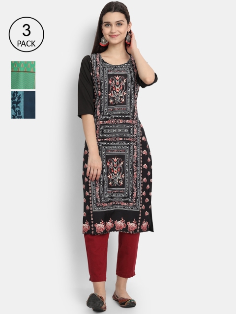 

7Threads Women Pack Of 3 Digital Print Straight Crepe Kurta, Multi