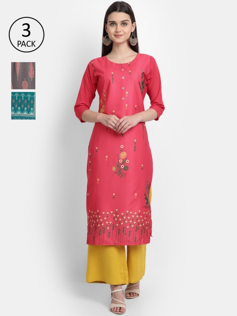

7Threads Women Pink, Grey & Blue Ethnic Motifs Printed Set of 3 Crepe Kurta