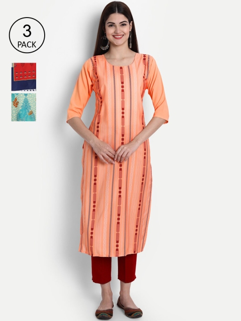 

7Threads Women Pack Of 3 Digital Print Straight Crepe Kurta, Multi