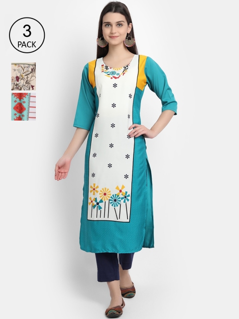 

7Threads Women Blue, Beige & White Floral Printed Set of 3 Crepe Kurta