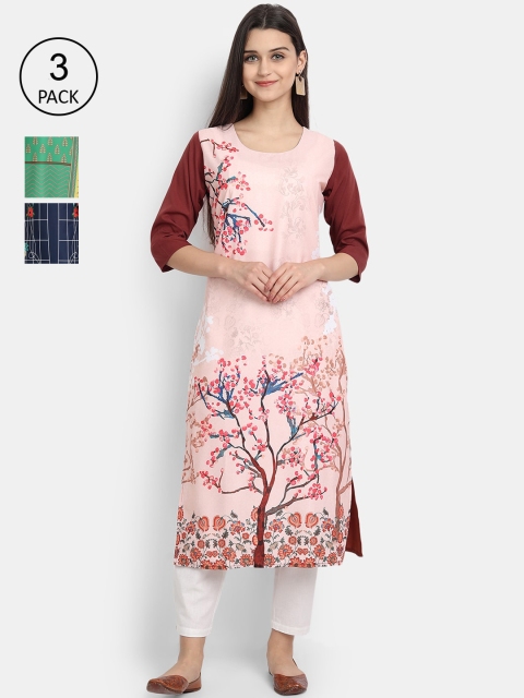 

7Threads Women Pack Of 3 Digital Print Straight Crepe Kurta, Multi