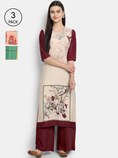 

7Threads Women Pack Of 3 Kurtas, Beige