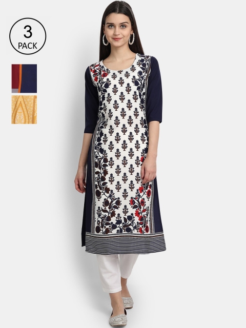 

7Threads Women Pack Of 3 Multicoloured Ethnic Motifs Printed Crepe Kurta, Multi