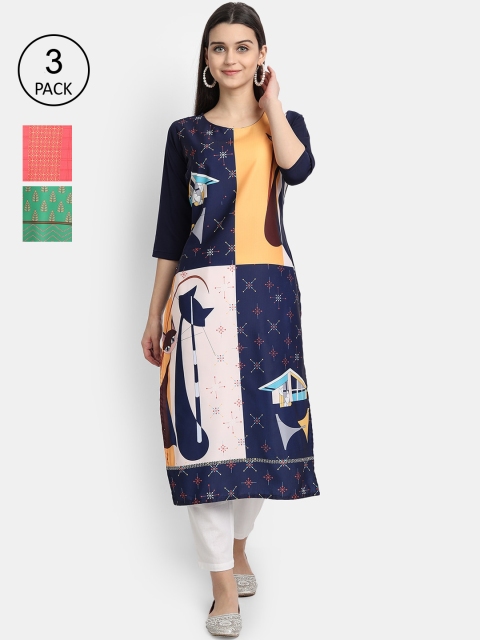 

7Threads Women Navy Blue, Yellow & Peach Ethnic Motifs Printed Set of 3 Crepe Kurta