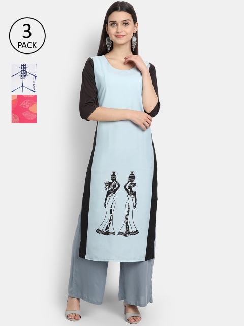 

7Threads Women Pack Of 3 Kurtas, Blue