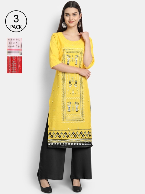 

7Threads Women Pack Of 3 Multicoloured Ethnic Motifs Printed Crepe Kurta, Multi