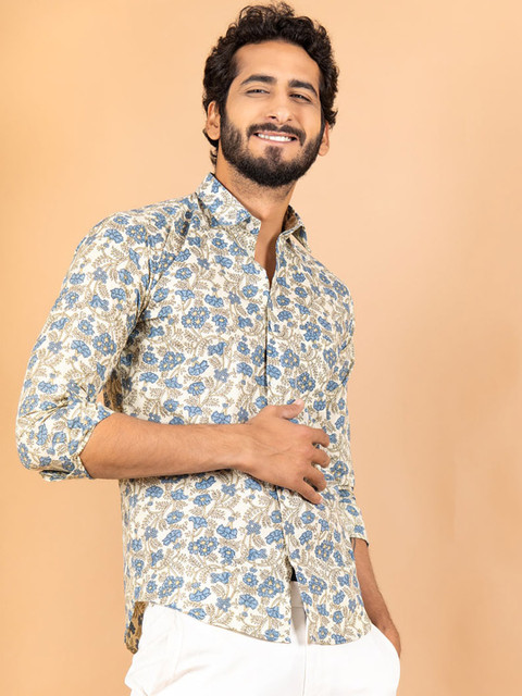 

Tistabene Men Blue & Beige Florescence Printed Cotton Casual Shirt