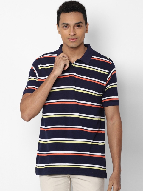 

Allen Solly Men Cotton Navy Blue, Yellow & Red Striped Polo Collar T-shirt