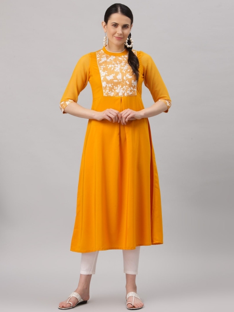 

ALC Creations Women Yellow & White Floral Yoke Design Crepe Kurta