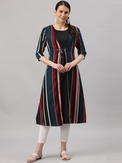 

ALC Creations Women Blue & Red Striped Layered Kurta