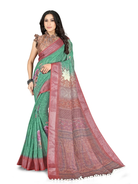 

KALINI Green & Pink Floral Printed Zari Border Bagh Saree