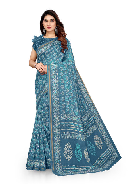 

KALINI Blue & White Batik Printed Zari Saree
