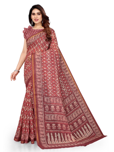

KALINI Maroon & White Batik Zari Saree