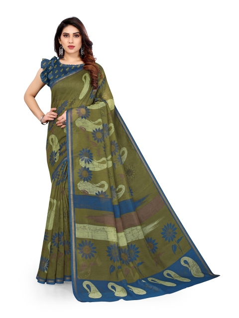 

KALINI Green & Blue Paisley Printed Zari Saree
