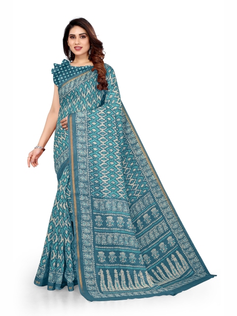 

KALINI Turquoise Blue Batik Printed Zari Saree