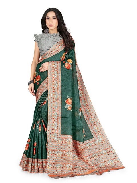 

KALINI Green & Orange Floral Art Silk Bagh Saree