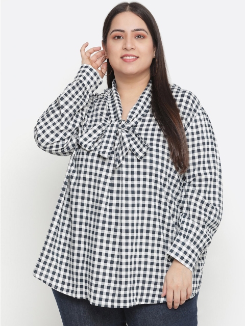 

Oxolloxo Navy Blue Checked Tie-Up Neck Crepe Top