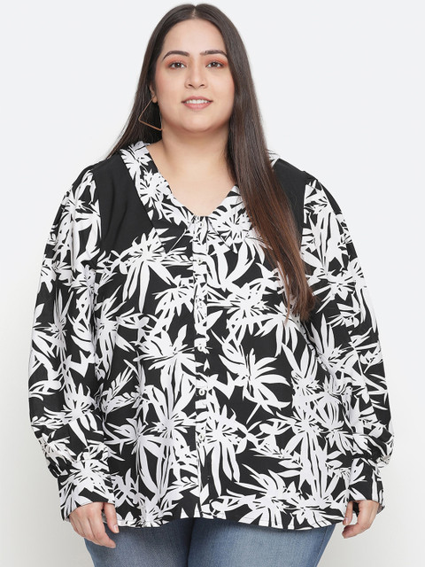 

Oxolloxo Women Plus Size Black & White Comfort Floral Printed Casual Shirt