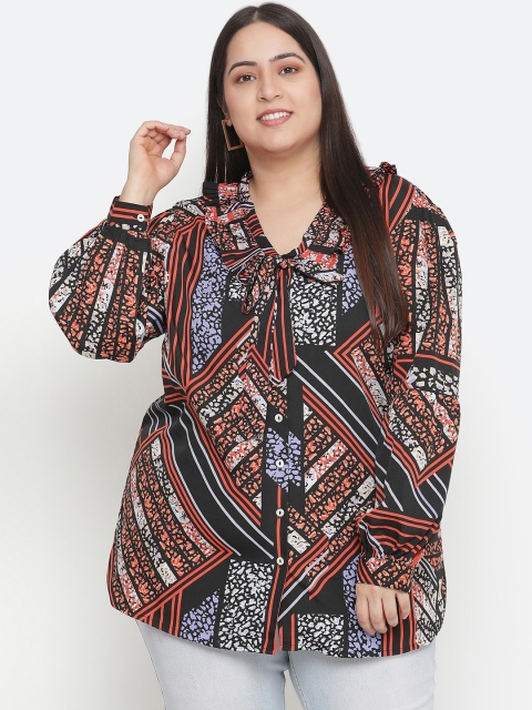 

Oxolloxo Black & Orange Print Tie-Up Neck Top