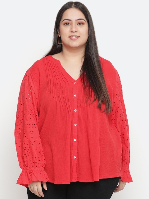

Oxolloxo Plus Size Red Schiffli Pure Cotton Top