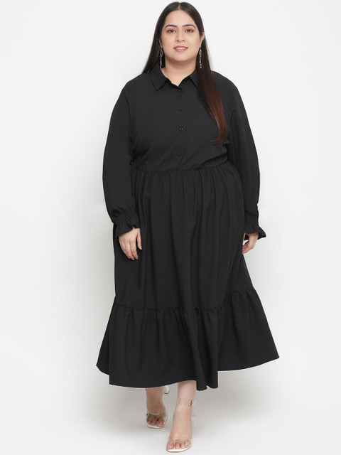 

Oxolloxo Women Plus Size Black Satin Shirt Maxi Dress