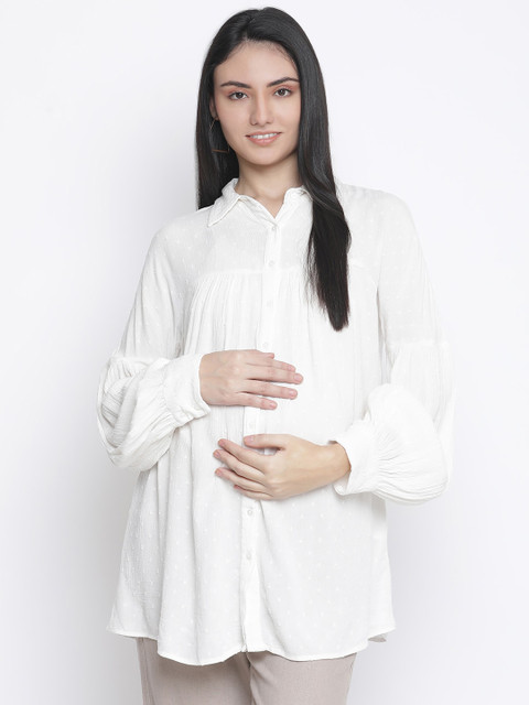 

Oxolloxo Women White Comfort Self Design Cotton Maternity Shirt