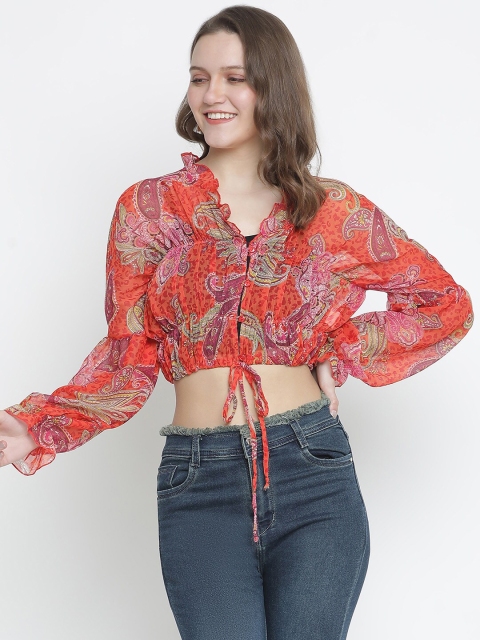 

Oxolloxo Orange & Pink Print Ruffles Crop Top