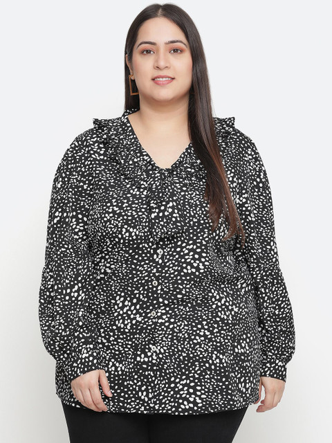 

Oxolloxo Plus Size Black & White Print Tie-Up Neck Ruffles Top