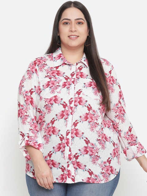 

Oxolloxo Women Plus Size White & Pink Comfort Floral Printed Cotton Casual Shirt