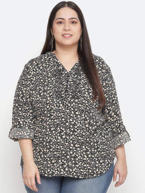 

Oxolloxo Plus Size Black & Beige Floral Print Mandarin Collar Roll-Up Sleeves Crepe Top