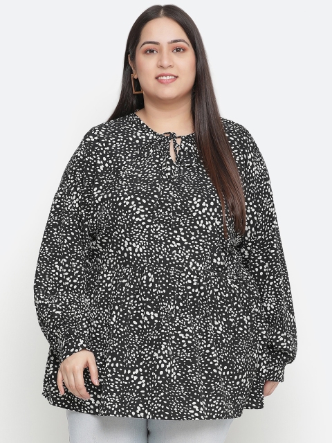 

Oxolloxo Black Print Tie-Up Neck Plus Size Top