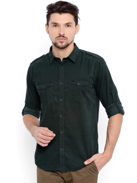 

Basics Men Green Slim Fit Solid Casual Corduroy Shirt