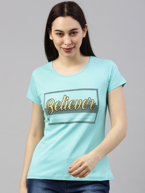 

GOLDSTROMS Women Turquoise Blue & Yellow Typography Printed T-shirt