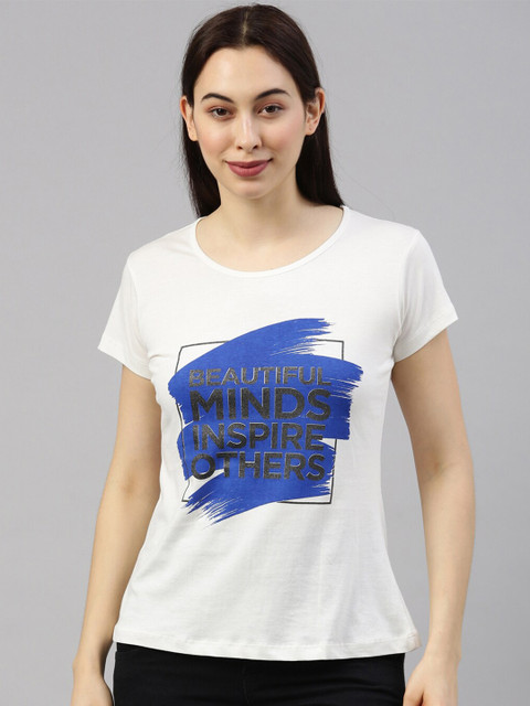 

GOLDSTROMS Women White & Blue Typography Printed T-shirt
