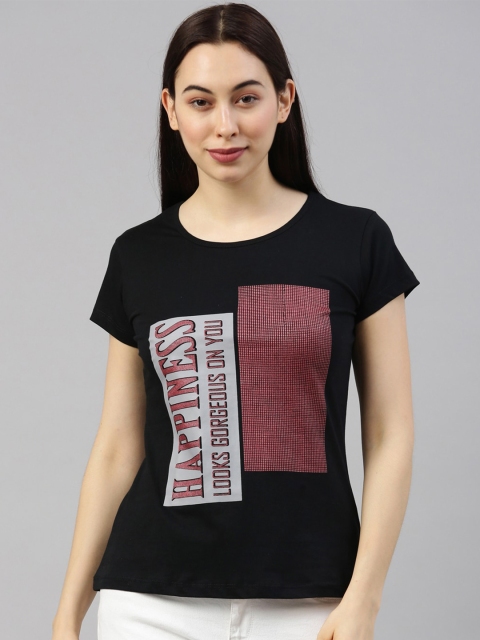 

GOLDSTROMS Women Black & Maroon Typography Printed T-shirt